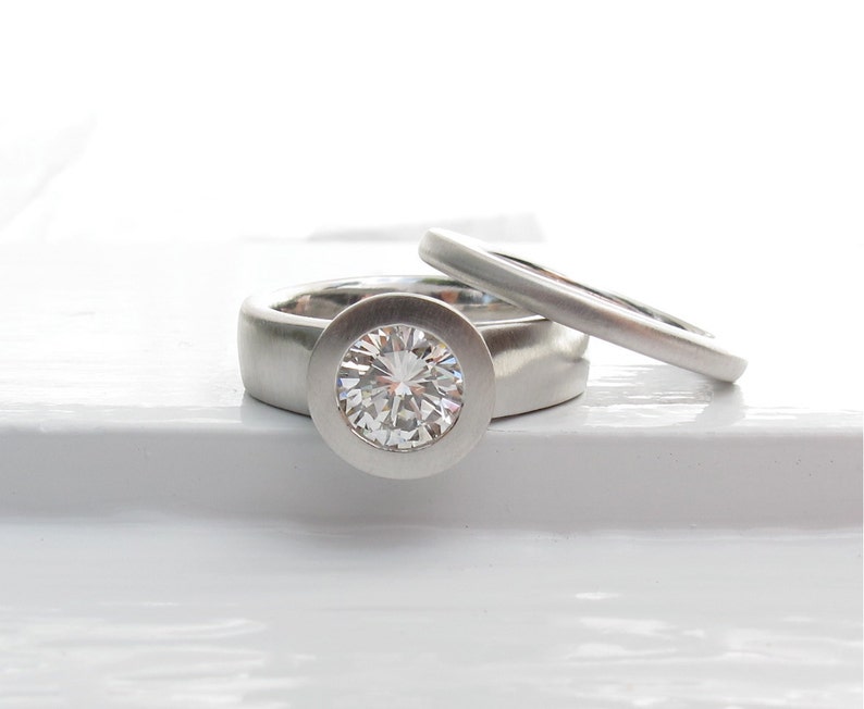 950 platinum and bezel set diamond wide band low profile engagement ring and wedding band set image 3