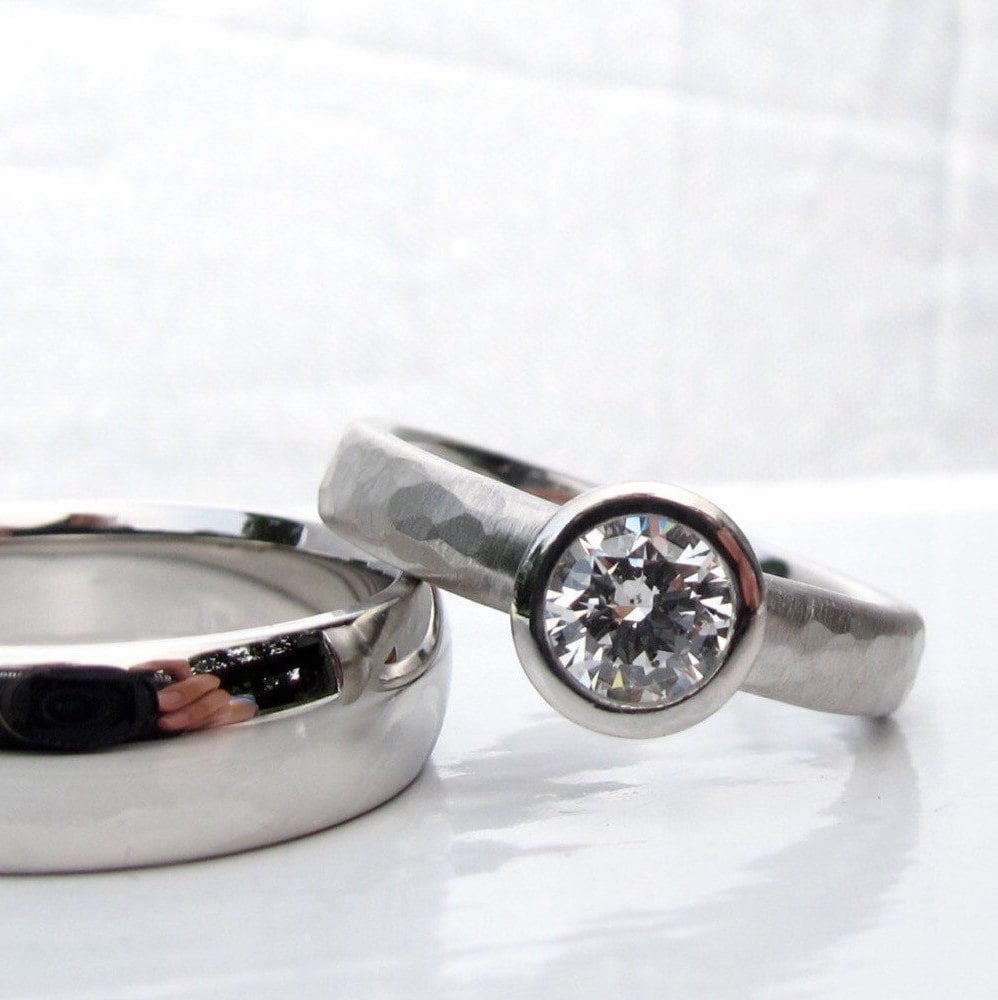 Platinum hammered engagement ring All Weather low profile Etsy