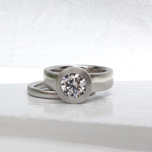 950 platinum and bezel set diamond wide band low profile engagement ring and wedding band set image 5