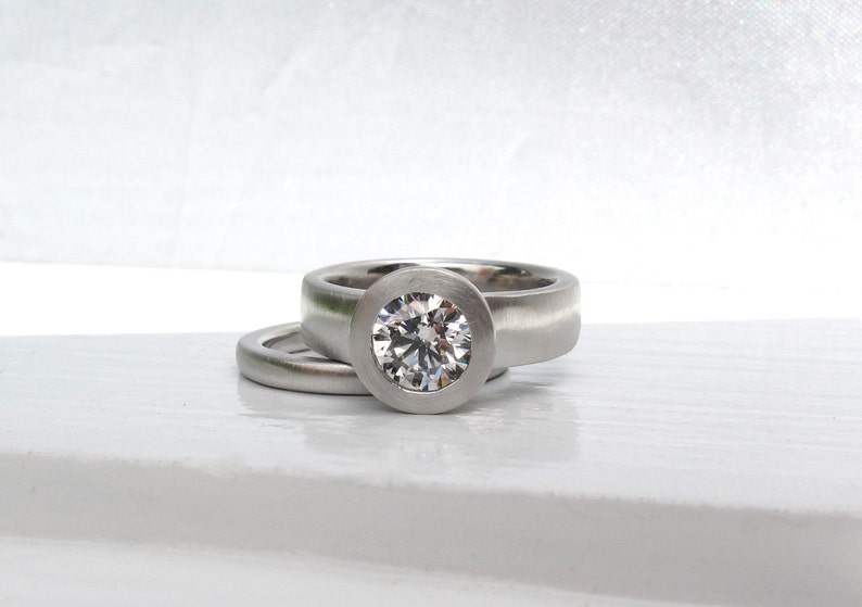 950 platinum and bezel set diamond wide band low profile engagement ring and wedding band set image 5