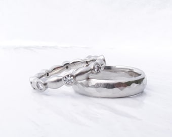 Platinum wedding ring set, wide men's band and diamond eternity ring, ethical diamond alternative, wedding ring set