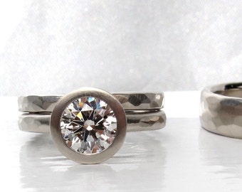 Rustic hammered engagement ring, bezel set diamond ring with organic textured wedding bands