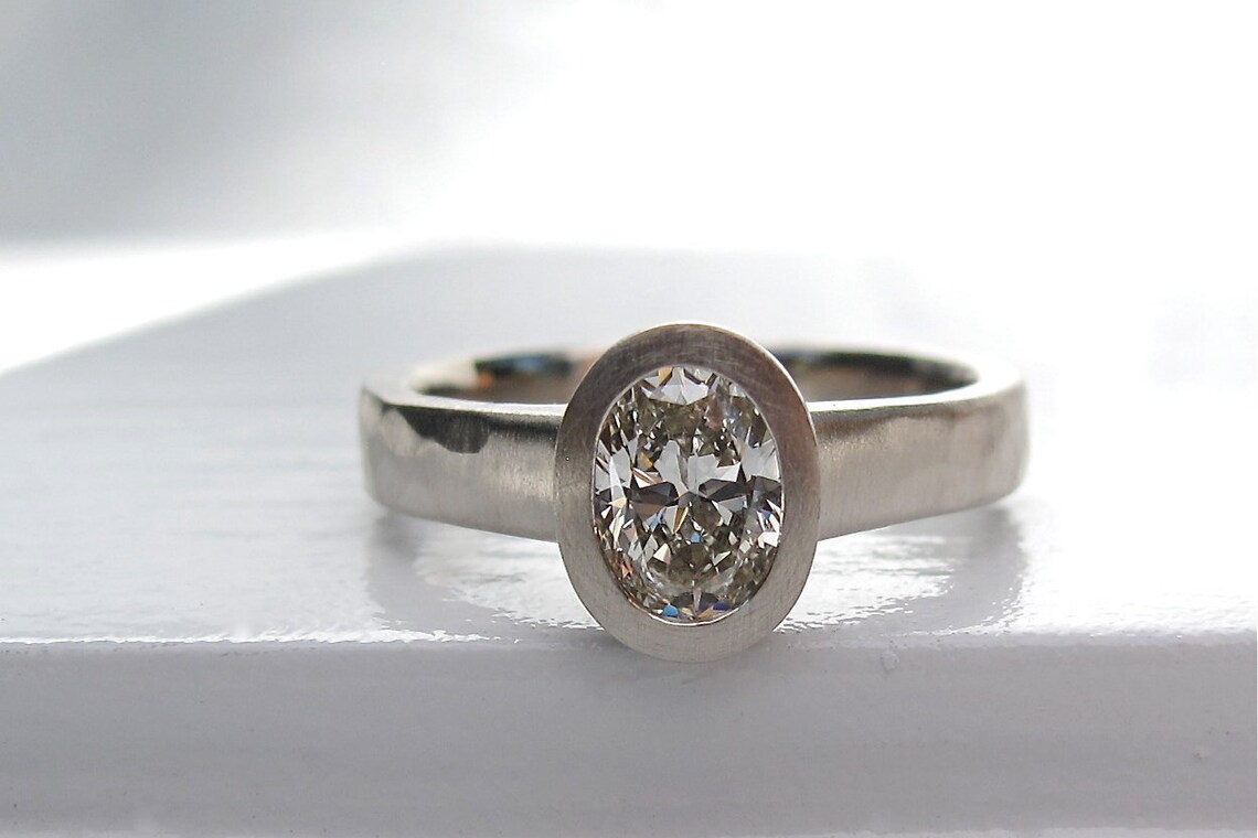Oval Bezel Set Diamond Engagement Ring With Matching Hammered Etsy