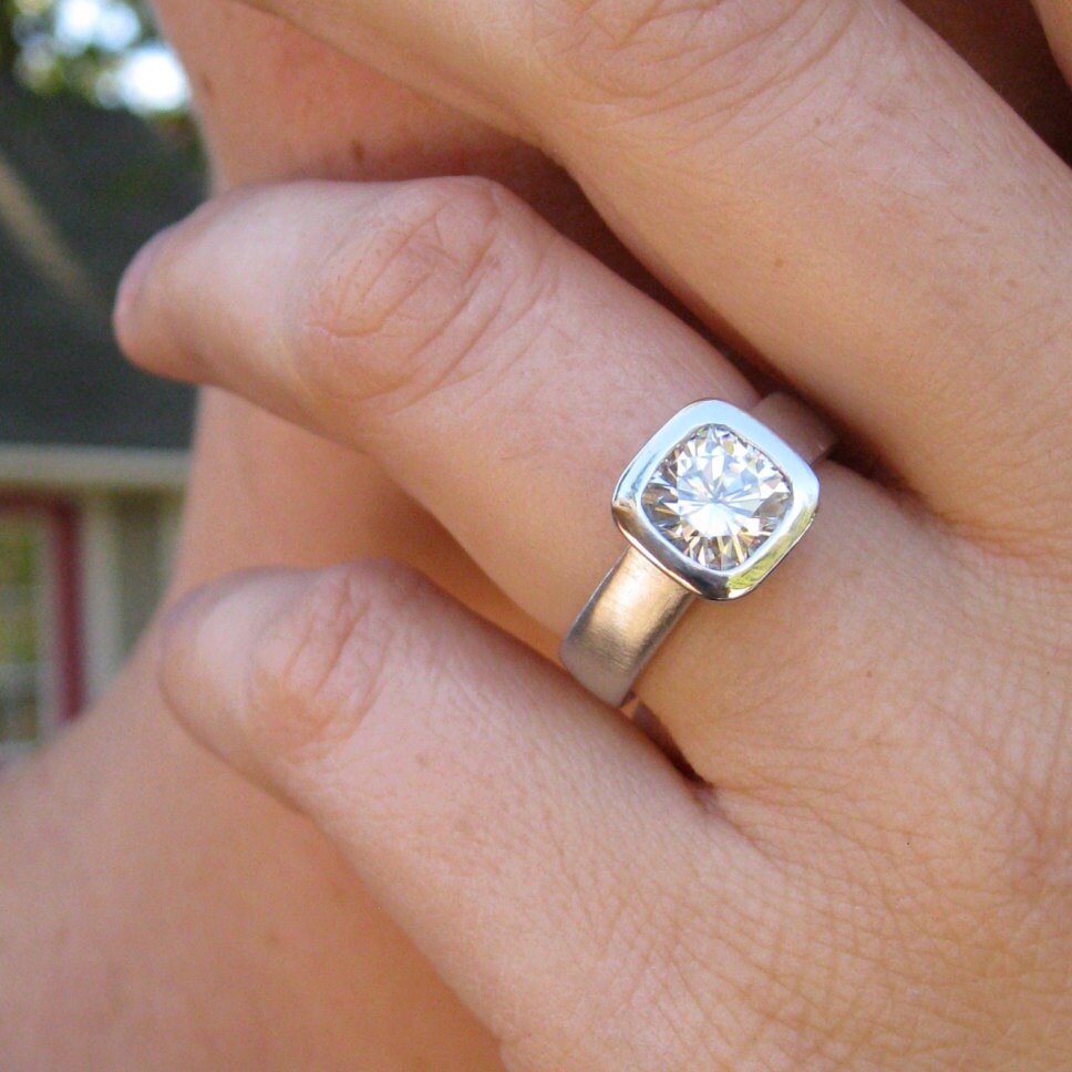 Moissanite Engagement Rings Wide Band Cushion Cut Moissanite