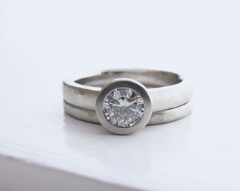 Super wearable, low profile bezel engagement ring, minimalist engagement ring with flush stacking wedding band