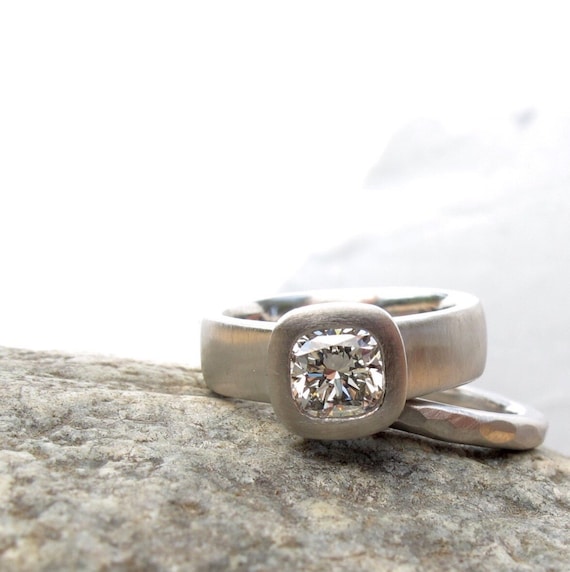 Wide Band Cushion Cut Diamond Engagement Ring With Matching Etsy
