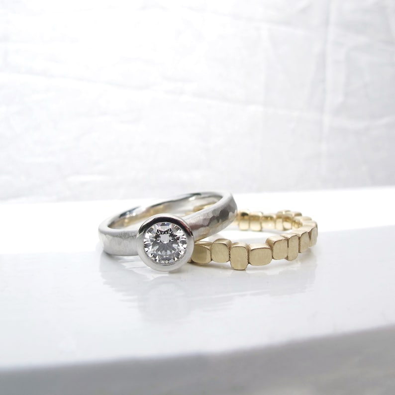 Platinum Hammered Engagement Ring All Weather Low Profile Etsy