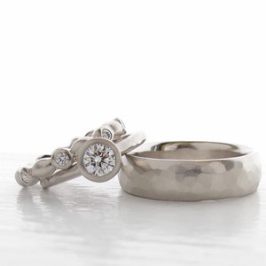 Wedding Ring Set .50ct GVS1 diamond engagement ring, eternity ring wedding band, wide hammered wedding band