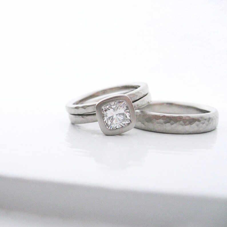 Hammered Diamond Engagement Ring Bezel Set Cushion Cut Etsy