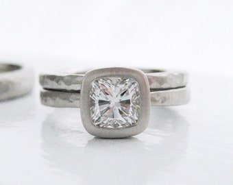 Hammered engagement ring and wedding band set, bezel set cushion cut diamond engagement ring and wedding bands