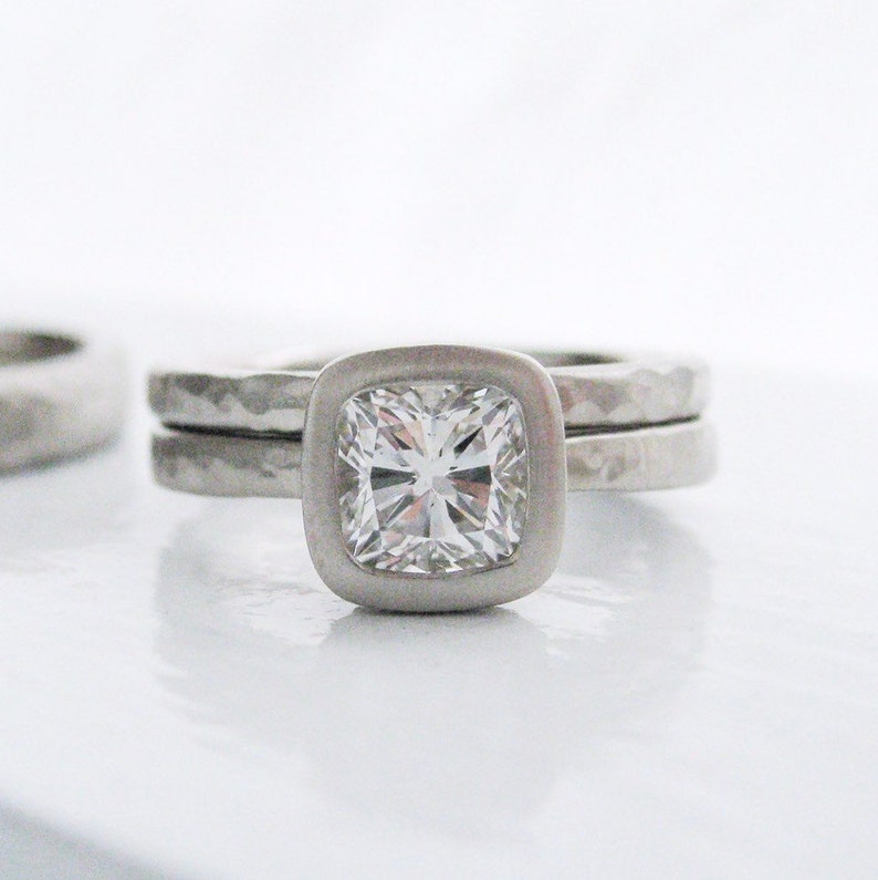 Hammered Engagement Ring and Wedding Band Set Bezel Set Etsy