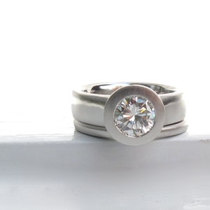 950 platinum and bezel set diamond wide band low profile engagement ring and wedding band set image 2