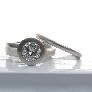 950 platinum and bezel set diamond wide band low profile engagement ring and wedding band set image 1