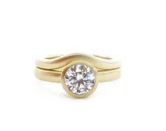 Simple gold engagement ring with curved nesting  wedding band, low profile ring, bezel set moissanite engagement ring