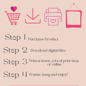 Puede incluir: Un carrito de compras rosa, una flecha de descarga, una impresora con un coraz&oacute;n y un marco de imagen. El texto dice: Paso 1 Comprar producto, Paso 2 Descargar archivos digitales, Paso 3 Imprimir en casa, en una tienda de impresi&oacute;n local o en l&iacute;nea, Paso 4 Enmarcar, colgar y disfrutar! Recordatorio No se enviar&aacute; ning&uacute;n producto f&iacute;sico Archivos digitales solamente!
