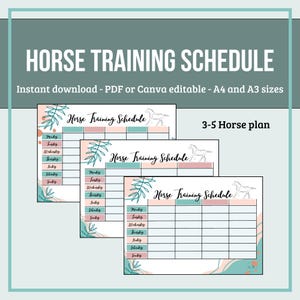 Könnte beinhalten: Druckbarer Pferdetrainingsplaner mit drei Seiten. Jede Seite hat einen hellblauen und rosafarbenen Hintergrund mit einer Pferdeillustration und einem Blattdesign. Die Seiten sind mit "Horse Training Schedule" beschriftet und beinhalten die Wochentage: Montag, Dienstag, Mittwoch, Donnerstag, Freitag, Samstag, Sonntag.