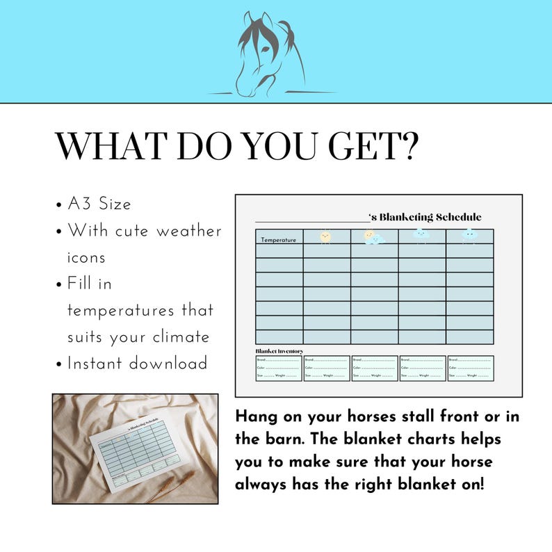 Horse Blanket Chart. Blue A3 Size. Stall Front Blanket Schedule. Charts