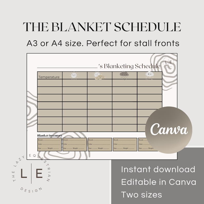 Horse Blanket Chart. A3 AND A4 Size. Stall Front Blanket Schedule