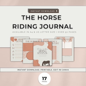Planificador y diario de equitación. Diario de entrenamiento de caballos, descarga DIGITAL, tamaño A4 y L de EE. UU., regalo para jinetes y amantes de la equitación. Diario ecuestre