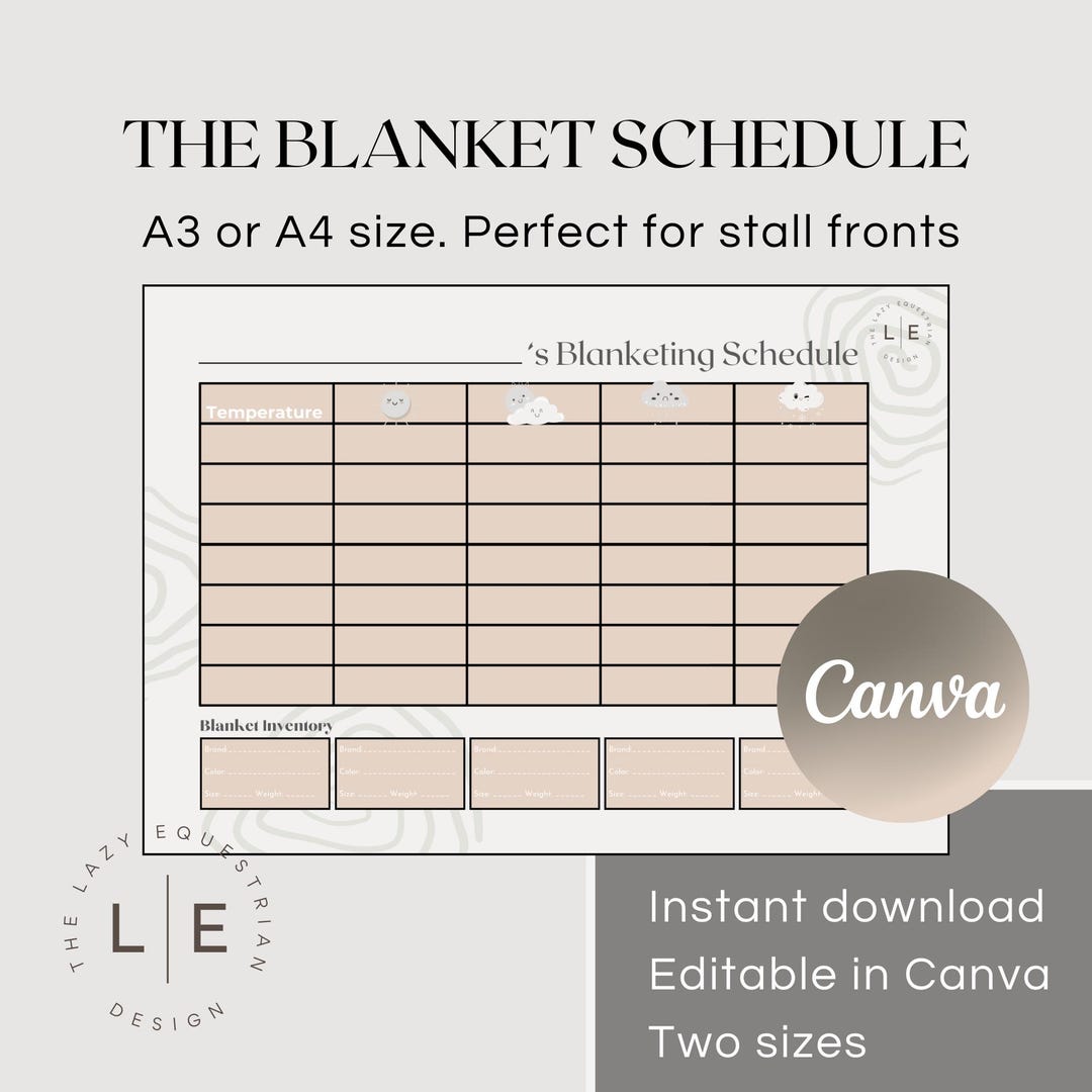 Horse Blanket Chart. A3 AND A4 Size. Stall Front Blanket Schedule