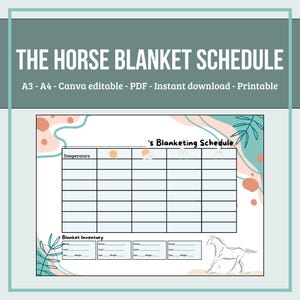 Tableau des horaires des couvertures pour chevaux. Organisateur pour la routine de couverture du cheval. Deux tailles. Téléchargement instantané modifiable. Cadeau pour cavalier.