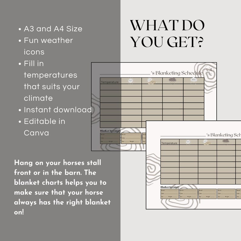 Horse Blanket Chart. A3 AND A4 Size. Stall Front Blanket Schedule