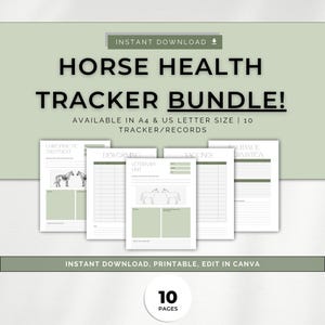 Op de afbeelding: Een printbare paardengezondheidstrackerbundel met 10 pagina's. De bundel bevat formulieren voor chiropractische behandeling, ontworming, dierenartsbezoeken, vaccinaties en verzekeringsinformatie. De formulieren zijn ontworpen met een minimalistische esthetiek en bevatten een eenvoudige lijntekening van een paard.