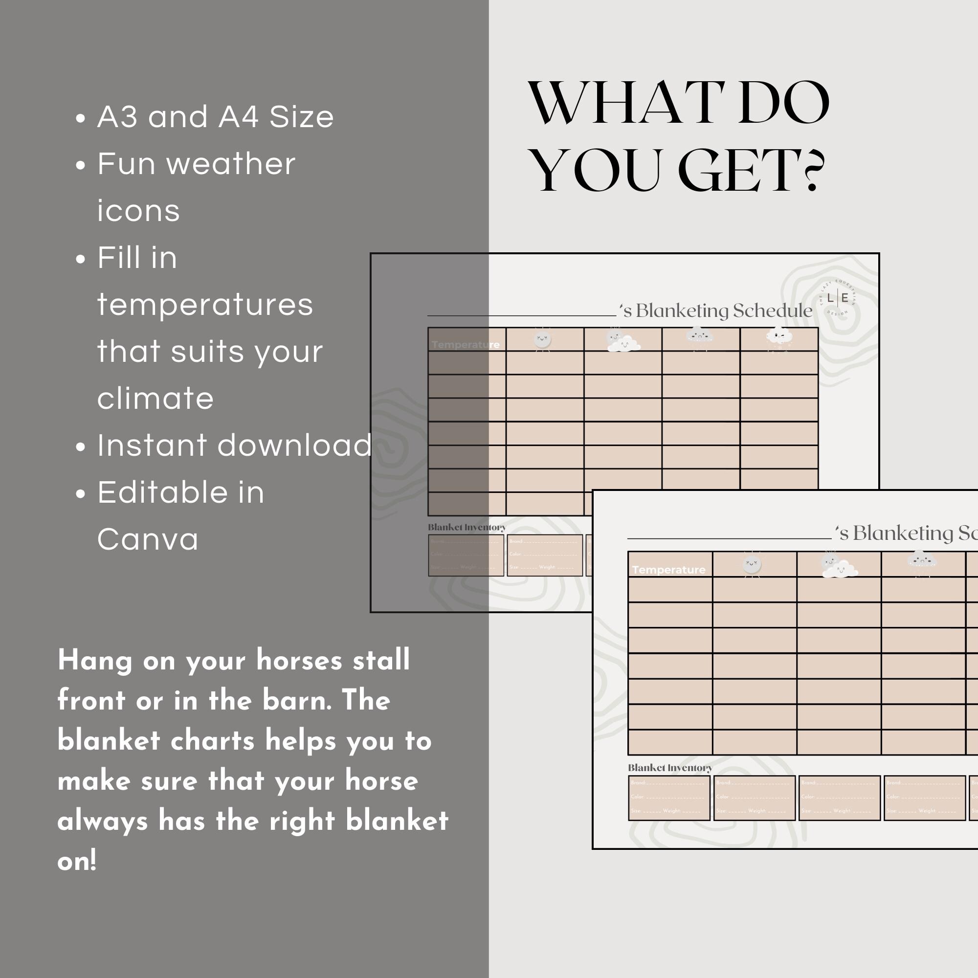 Horse Blanket Chart. A3 AND A4 Size. Stall Front Blanket Schedule
