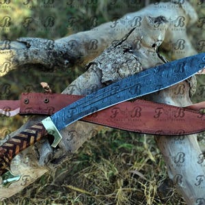 26&quot; inches Damascus steel Machete,Hand Forged Twist BLADE with Beautiful Brass Guard and Wood, Comes with Cow Leather Sheath.
