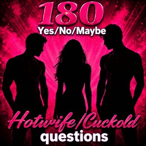 Op de afbeelding: Een grafisch ontwerp met de tekst 180 Yes/No/Maybe en Hotwife/Cuckold questions in wit lettertype tegen een levendige roze achtergrond. Drie zwarte silhouetten van figuren staan in het midden, verlicht door felle roze lichtstralen.