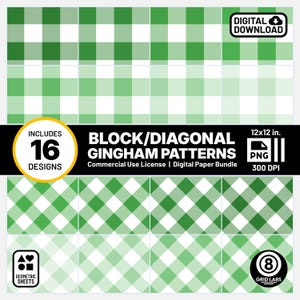 Green Gingham Pattern Geometric Digital Papers 16 Pack PNG Bundle Bright Palette EGYS Style