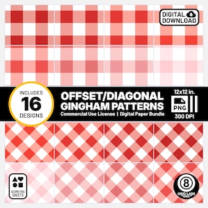 Bright Red Gingham Digital Papers Diagonal Geometric Pattern Pack White Seamless PNGs MXZ8