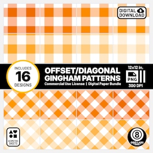 Bright Orange Diagonal Gingham Pattern Digital Papers Palette HFTI Style Shades Tints 16 Pack Commercial Use Orange and White PNG Pattern
