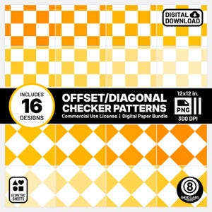 Pode incluir: Um conjunto de 16 padrões de papel digital com desenhos de tabuleiro de damas diagonal deslocado em amarelo e branco. Os padrões são de 30,48 cm por 30,48 cm e 300 DPI.  Inclui uma licença de uso comercial.  Download digital.