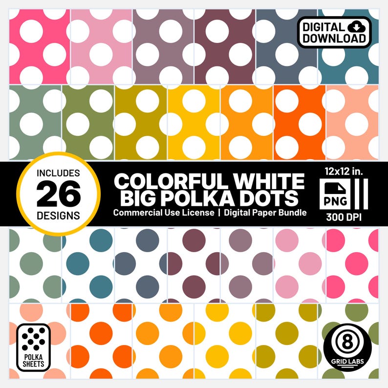 Retro Rainbow Polka Dot Digital Paper Seamless Printable Scrapbook ...