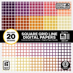 May include: A digital paper bundle featuring 20 square grid line designs. The designs include a variety of colors, including shades of purple, orange, and yellow. The digital papers are 12x12 inches and are available in PNG format at 300 DPI.