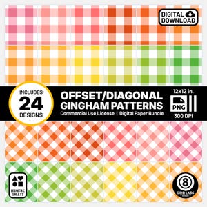 May include: A digital paper bundle featuring 24 offset and diagonal gingham patterns in various colors, including pink, orange, yellow, and green. The patterns are 12x12 inches and available as PNG files at 300 DPI. Includes a commercial use license.