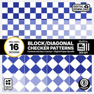 Pode incluir: Um pacote de papel digital com 16 padrões de tabuleiro de damas azul e branco. Os padrões são em estilo bloco e diagonal. Os padrões medem 30,48 cm por 30,48 cm e 300 DPI. Os padrões estão disponíveis para uso comercial.