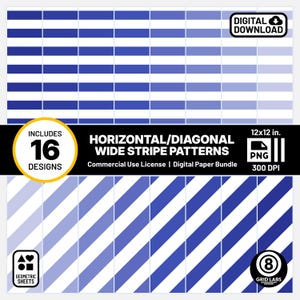 May include: Digital paper bundle featuring 16 designs of horizontal and diagonal wide stripe patterns in shades of blue and white. The patterns are 12x12 inches and available as PNG files at 300 DPI. Includes a commercial use license.