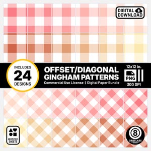 May include: A digital paper bundle featuring 24 offset and diagonal gingham patterns in shades of pink, peach, and white. The designs are 12x12 inches and include a commercial use license. The image also includes the text "DIGITAL DOWNLOAD".