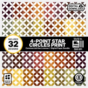 May include: A digital paper bundle featuring 32 designs of 4-point star circle prints. The patterns are in various colors, including brown, gold, and green. The image includes the text "DIGITAL DOWNLOAD" and "12x12 in."
