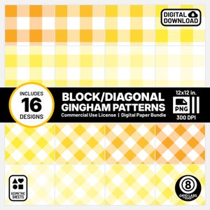 Bright Yellow Diagonal Gingham Geometric Digital Papers 16 Tint Shade Pack Palette W4QK Style Commercial Use Yellow Seamless Pattern PNG