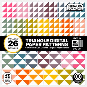Könnte beinhalten: Ein digitales Papierbündel mit 26 geometrischen Dreieckmustern in verschiedenen Farben, darunter Rosa, Grün, Gelb und Orange. Das Bild zeigt den Text "TRIANGLE DIGITAL PAPER PATTERNS" und die Maße 30,48 x 30,48 cm.