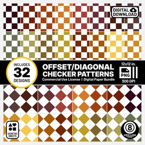 Könnte beinhalten: Ein digitales Papierbündel mit versetzten und diagonalen Schachbrettmustern in verschiedenen Farben, darunter Braun, Gelb und Weiß. Das Bild enthält den Text "OFFSET/DIAGONAL CHECKER PATTERNS" und "32 DESIGNS". Die Muster sind 30,48 cm x 30,48 cm groß.