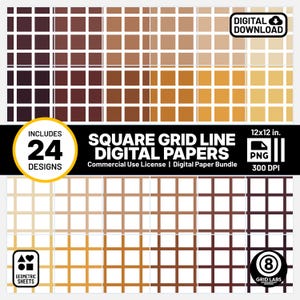 May include: A digital paper bundle featuring 24 square grid line designs in various shades of brown and beige. The image includes the text "SQUARE GRID LINE DIGITAL PAPERS" and "DIGITAL DOWNLOAD". The papers are 12x12 inches and are PNG files at 300 DPI.