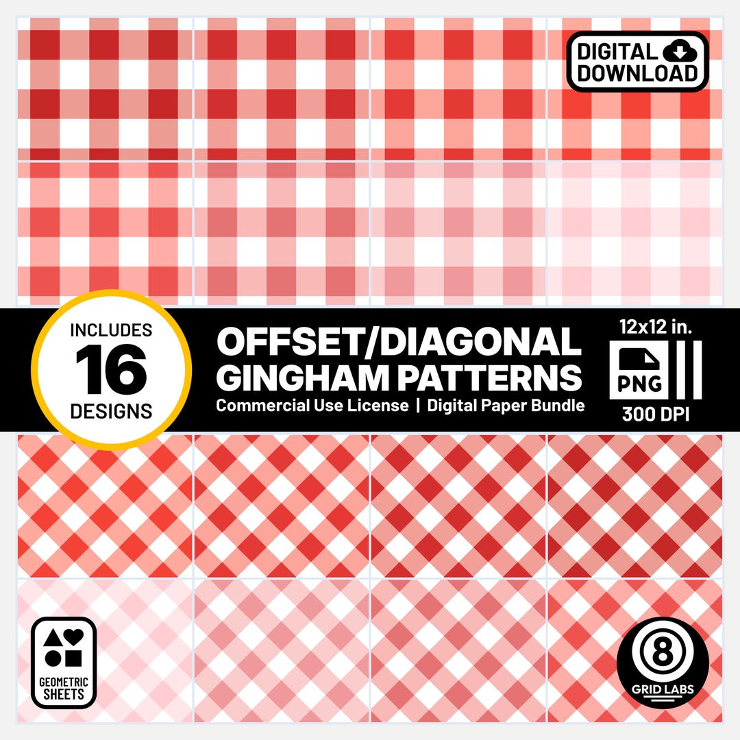 Red Gingham Digital Papers Small Plaid Monotone Pattern Pack White ...