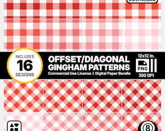 Red Gingham Digital Papers Small Plaid Monotone Pattern Pack White Seamless Scrapbook PNGs MXZ8