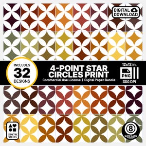 Può includere: Un pacchetto di carta digitale con 32 disegni con un motivo a stella a 4 punte e cerchi nei toni del marrone, arancione, giallo e bianco. Il testo "4-POINT STAR CIRCLES PRINT" e "DIGITAL DOWNLOAD" è incluso. La carta misura 30,48 cm x 30,48 cm.