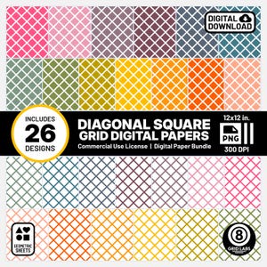 May include: A digital paper bundle featuring 26 diagonal square grid designs in various colors, including pink, purple, green, yellow, and orange. The papers are 12x12 inches and available as PNG files with a 300 DPI resolution. Includes a commercial use license.
