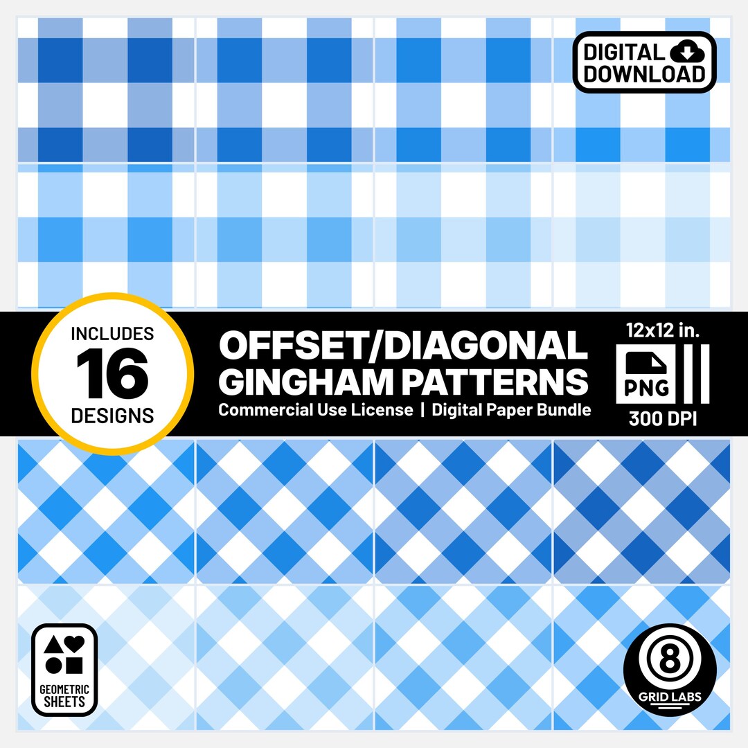 Bright Blue Gingham Pattern Geometric 16 Digital Papers Tints Shades ...